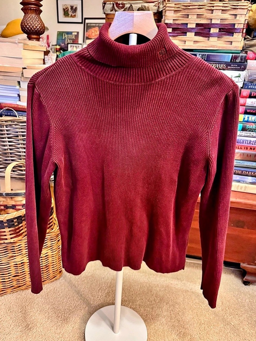 Lauren Ralph Lauren Cotton-Blend Ribbed Turtleneck Sweater Burgundy Large